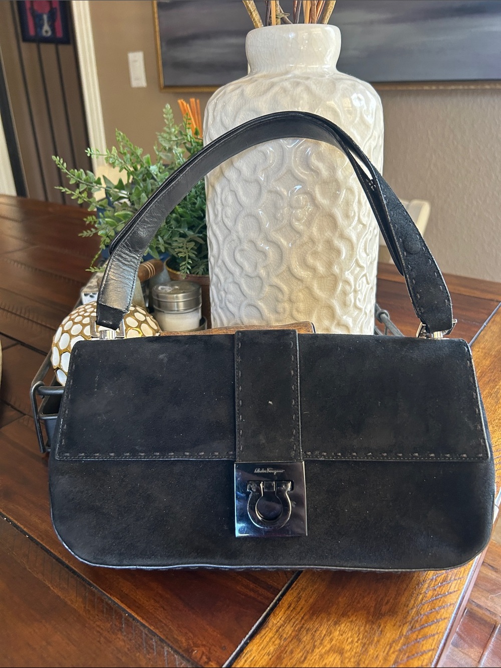 Salvatore Ferragamo Black Suede Shoulder Bag with Gancini Clasp